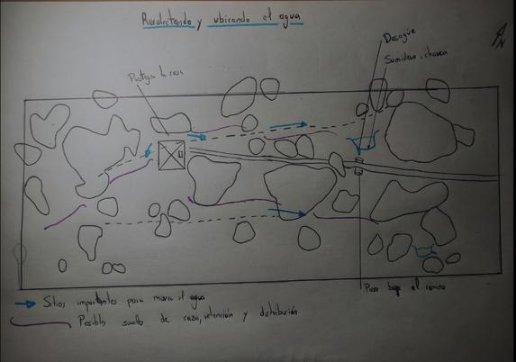 Diseño de permacultura, swales, sumideros y zonas a proteger del agua.