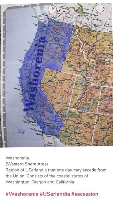 Map of western USerlandia (country that borders Mexico on the north). States of WASHington, OREgon and CaliforNIA outlined in purple and shaded in light purple. Word Washorenia dark purple rotated 45° to the left and superimposed over the three states.