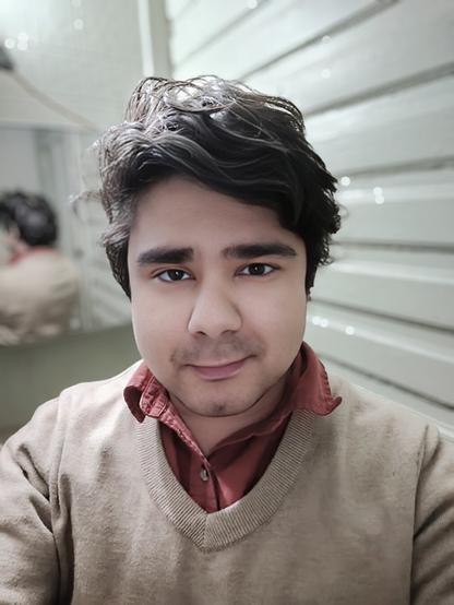 I am wearing a khaki colored sweater, a red collared shirt, slightly smiling. I have dark messy hair. The background is a green bathroom wall and a mirror.