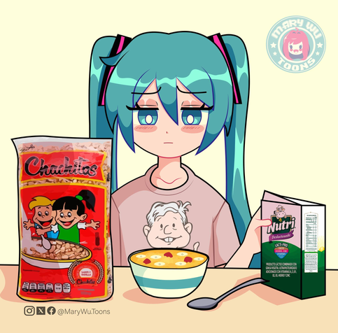 Miku hatsune desayuna cereal chachitos con nutrileche mientras viste de piyama una playera regalada con la cara de amlo