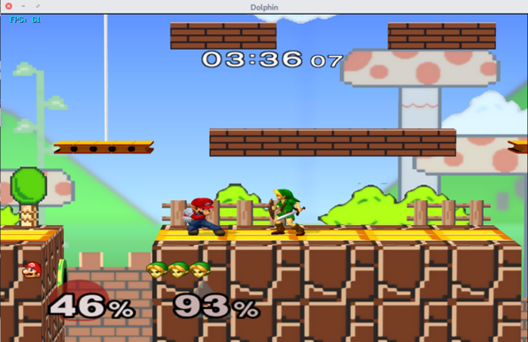 🕶️ A view of its UI with Super Mario Bros. (me, it is obvious in the score ;) against Link (an AI), in a scenery mixing the usual environment of these 2 iconic characters.

📚️ Super Smash Bros. Melee (SSBM, Melee) is a 3D multiplayer fighting game released for GameCube in 2001, a sequel to Super Smash Bros. (for the Nintendo 64 in 1999), whose goal now is to do maximum damage to his opponents. Here, too, the player plays as characters from Nintendo video games. Slippi is an emulator derived from Dolphin, modernizing the game (unified interface, support for modern hardware, netplay, matchmaking, game statistics, etc.).