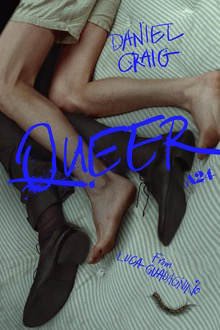Original poster. Two pairs of male legs (one with bare legs and shorts, the other in suit trousers with socks and shoes) lie intertwined on a striped mattress. The title is scrawled in large, hand drawn letters in bright blue.