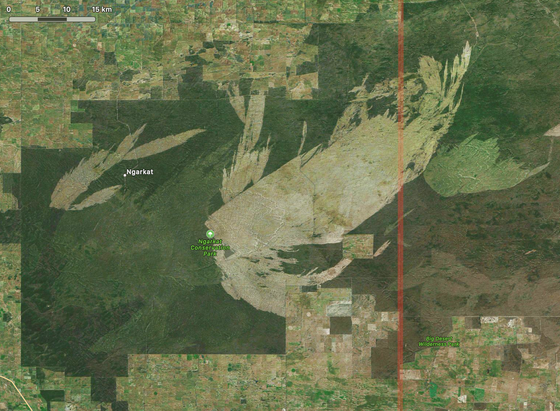 Screen grab from Apple Maps showing unusual patterns in the mallee vegetation of Ngarkat Conservation Park, South Australia