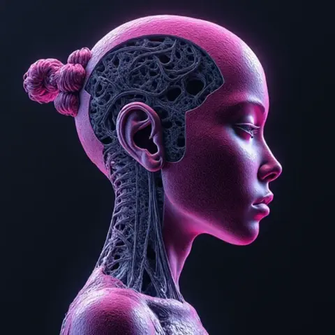 Cabeza de chica de perfil, de color granate, el cráneo y cuello, abiertos, muestran una red neuronal artificial. Generado por IA