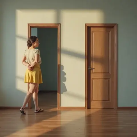 Una mujer joven con minifalda amarilla entra a su apartamento y mira la puerta del apartamento de al lado.