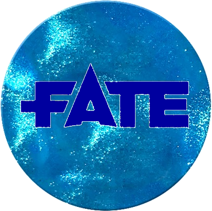 A sparkly blue disk with the word "Fate" written in all-caps, in dark blue.