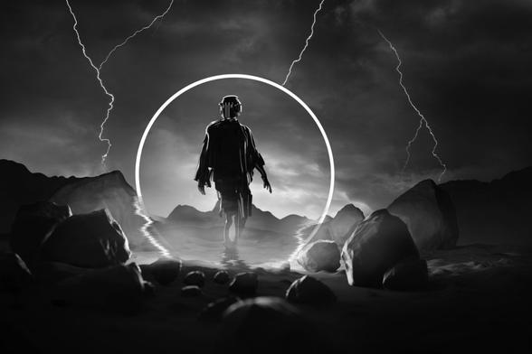 Black and white image of sinister looking male astronaut stepping through a portal with lightning in background