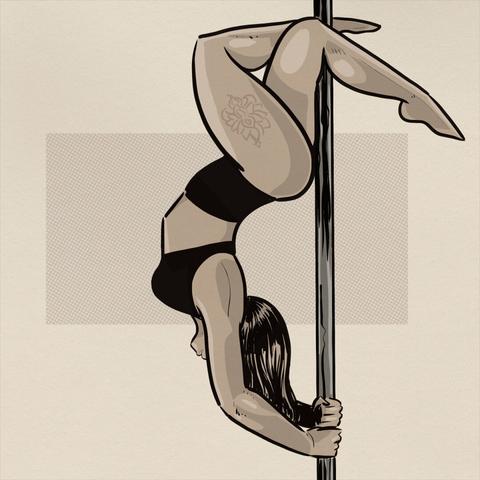 Drawing of female on pole, inverted, in profile. Holding onto pole with bothe hands and right knee