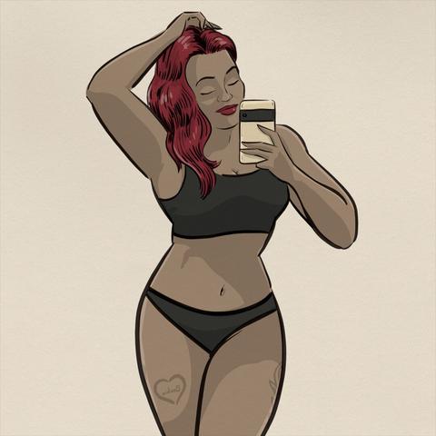 Drawing of female taking selfie wearing black sports bra and panties. Right nad in hair, left hand holding phone
