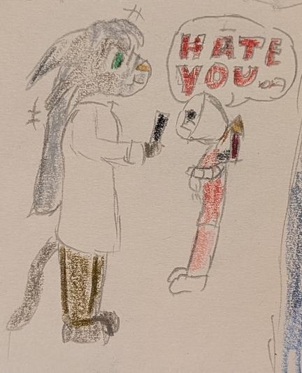 Silva Leon, an anthro cat woman, holds back laughter. Laika Wolff, an anthro fox terrier woman, glares out of a Cone of Shame and says "I hate you..." to her doctor friend.
