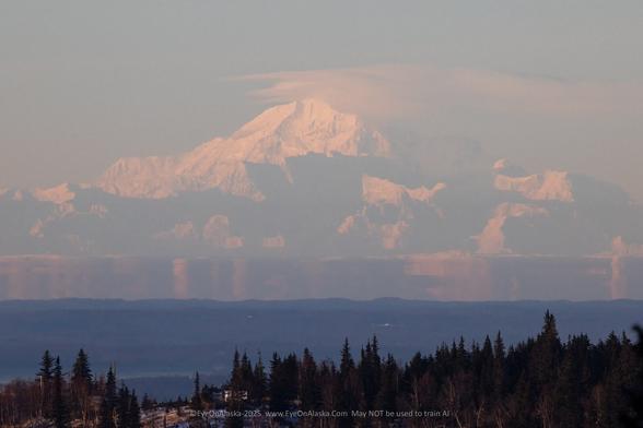 Denali fills the frame on the horizon.  A thick band of darker atmospheric distortion colors the base of the mountain where it meets the flat lands.