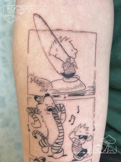 An arm tattoo depicting a panel from Calvin and Hobbes with Calvin going fishing