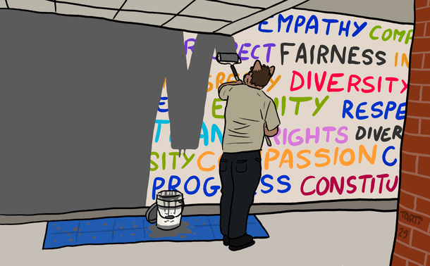 FR :

Dessin fait par mes soins, reprise libre d'une photo circulant sur internet d'un homme, vu de dos, peignant en gris un mur où il était écrit des valeurs telles que "équité, diversité, respect, constitution, compassion, empathie, justice"...

EN :

Drawing made by me, free reprint of a photo circulating on the internet of a man, seen from behind, painting in gray a wall where values ​​such as "equity, diversity, respect, constitution, compassion, empathy, fairness" were written...