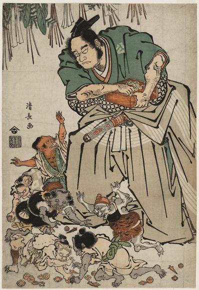 A man holds a square wooden box filled with beans. He is taking a handful. Oni (demons) scramble around his feet.