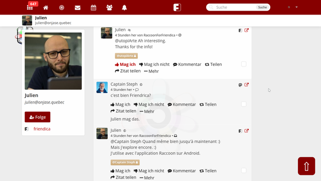 screenView of friendica from a standard laptop desktop of the single page view of Julien's post and some comments.