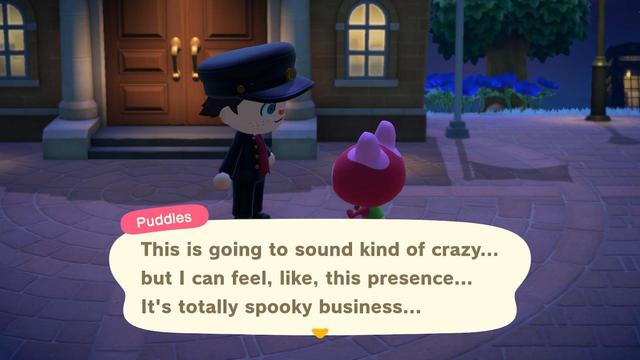 A screenshot from the Nintendo Switch game Animal Crossing: New Horizons.  The player is standing left of one of their villagers, engaging in a conversation.  The villager says "This is going to sound kind of crazy... But I can feel, like, this presence... It's totally spooky business..."  This is made humorous because the player is dressed like JoJo Joestar.