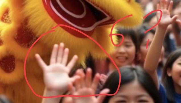 Zoom sur une partie de l'image précédente. Des mains à six doigts sont entourées, accompagnées de la mention "6?".
