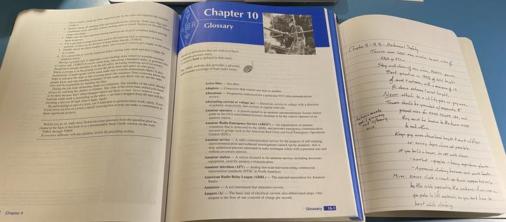 the past page of the study section, glossery start page, and last page of my notes, side by side on a desktop