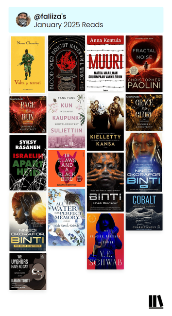My January 2025 wrap-up graphic generated by The StoryGraph, part 2. This graphic has the covers of all 17 books I read.

- Valta ja terrori (Finnish translation of Power and Terror) by Noam Chomsky
- Blood Over Bright Haven by M.L. Wang
- Muuri by Anna Kontula 
- Fractal Noice by Christopher Paolini
- Rage and Ruin by Jennifer L. Armentrout
- Kun kaupunki suljettiin by Fang Fang
- Kielletty kansa by Tuomas Mustikainen
- Grace and Glory by Jennifer L. Armentrout
- Israelin apartheid by Syksy Räsänen
- 19 Claws and a Black Bird by Agustina Bazterrica
- Binti by Nnedi Okorafor
- Binti: Home by Nnedi Okorafor 
- Binti: The Night Masquerade by Nnedi Okorafor
- All Water Has Perfect Memory by Nada Samih-Rotondo
- The Fragile Threads of Power by V.E. Schwab
- Cobalt by Charlie Angus
- We Uyghurs Have No Say by Ilham Tohti