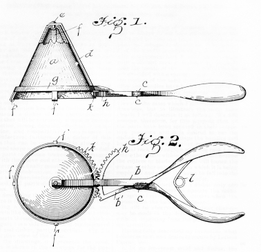 drawing of the design from patent documents, source: Wikipedia https://es.wikipedia.org/wiki/Alfred_L._Cralle#/media/Archivo:Patente_sacabolas_de_helado.jpg