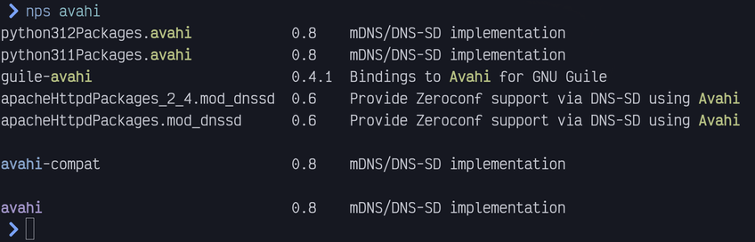 The command `nps avahi` lists all nixpkgs matching `avahi`, sorted by relevance.