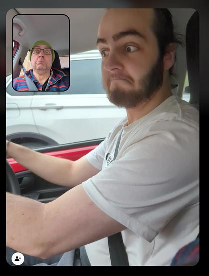 Photo of young driver pulling a comedic grimace, appearingly at an inset photo of a middle aged passenger pulling a comedic grimace to camera