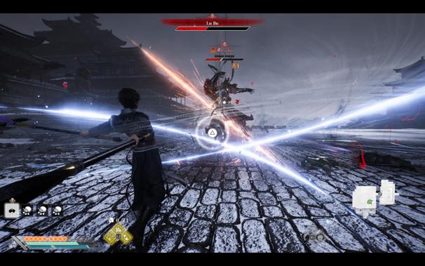A screenshot of Dynasty Warriors: Origins, showing Lu Bu being pummelled by the player character.
