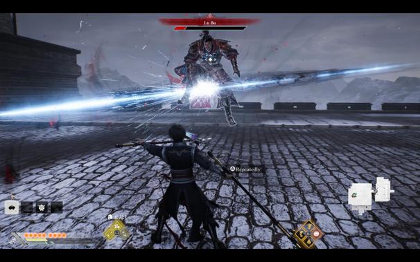 A screenshot of Dynasty Warriors: Origins, showing Lu Bu being pummelled by the player character.