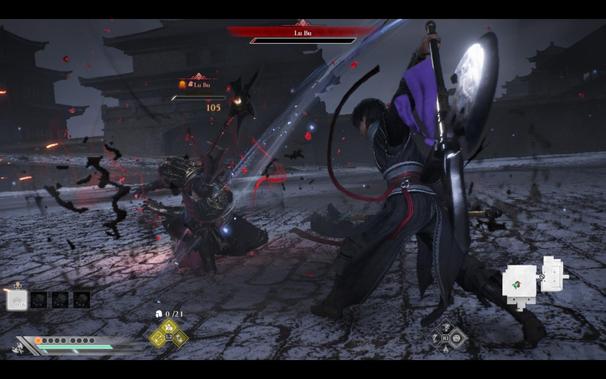 A screenshot of Dynasty Warriors: Origins, showing Lu Bu being pummelled by the player character.