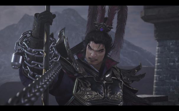 A screenshot of Dynasty Warriors: Origins, showing Lu Bu being held in chains after his defeat.