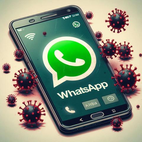 Ein Smartphone, auf dessen Display das Logo von WhatsApp zu sehen ist. Um das Smartphone herum sind vergrößert dargestellte Viren zu sehen.