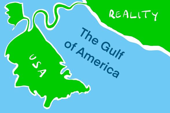 Cartoonish map showing the USA connected to the continent of Reality by a tenuous thread, separated by the Gulf of America