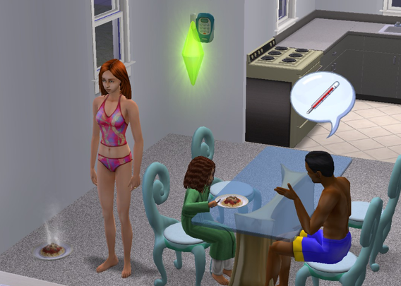 Screenshot from the sims 2 showing a woman in a bikini standing next to a plate of spaghetti on the floor. Next to her a little girl in a green dressing gown and a man in swim sorts are sitting at a table, eating pasta.
