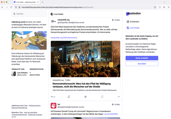 Screenshot der oldenburg.social Mastodon Startseite im Tor Browser.