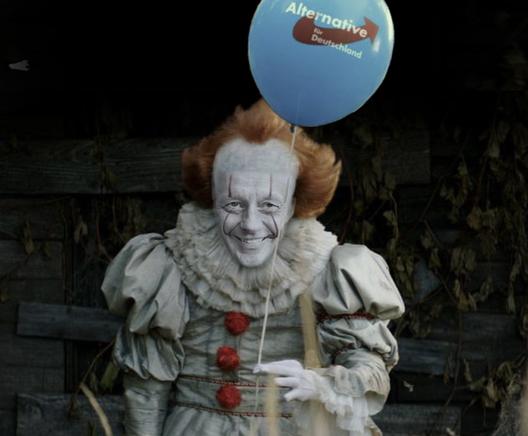 Fotomontage, evtl. AI/KI generiertes Bild.
CDU Friedrich #Merz als böser weißer Clown hält uns mit spitzen Fingern einen AfD- Luftballon entgegen.