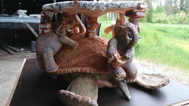 Discworld.
Green turtle standing on brown box. Four elephants on top of Turtles light brown shield, holding disc up. One turtle seems to be giving driving lessons to turtle, on is drinking coffee. One stares to emptynes. There's also books between turtle, elephants and Discworld. Close up of the coffee cup elephant.
