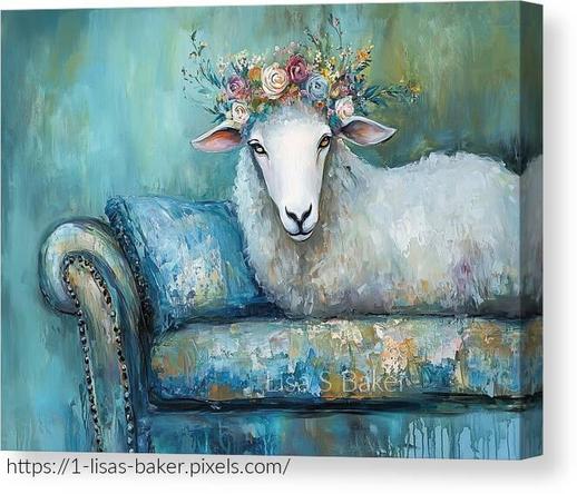 An art piece of a vision of pure whimsy, this piece captures a delightfully regal sheep lounging effortlessly on a plush couch, draped in the serenity of sheer comfort. Adorned with a delicate floral crown of wild blossoms, this woolly aristocrat radiates both elegance and laziness in perfect harmony. Art by Lisa S Baker.