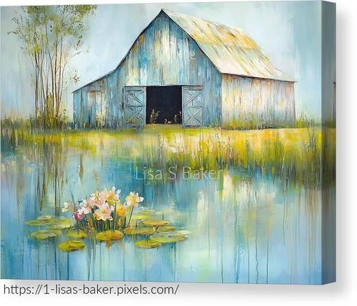 An art piece of a barn in the background, in the foreground is a pond with blooming lily pads. Art by Lisa S Baker.