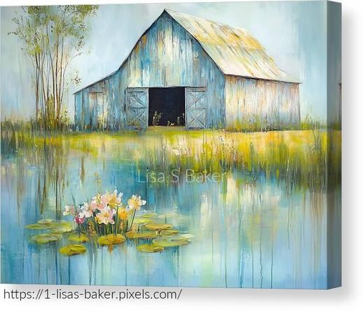 An art piece of a barn in the background, in the foreground is a pond with blooming lily pads. Art by Lisa S Baker.