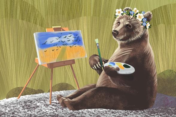 Illustration of a grizzly wearing blue & white flowers on her head, sitting in a grassy area, with a paint palette & traveling easel/paint box in front of her, holding an oil paint brush. On the easel is a copy she’s painted of one of Vincent van Gogh’s last paintings: “Crows in a Field”