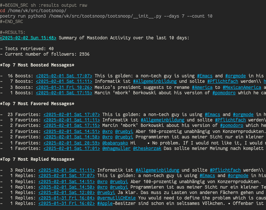 A screenshot from within Emacs showing the very same example output as you can see in the README of the project on GitLab