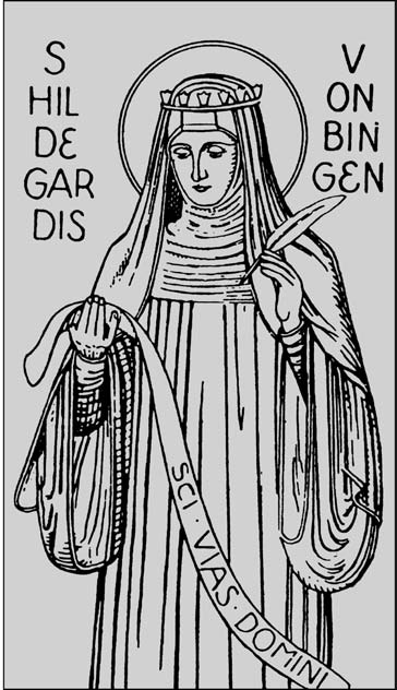 Gravure d'Hildegarde avec ses attributs d'abbesse et de Docteur. On y voit une plume et un bandeau avec écrit dessus "SCI VIAS DOMINI"