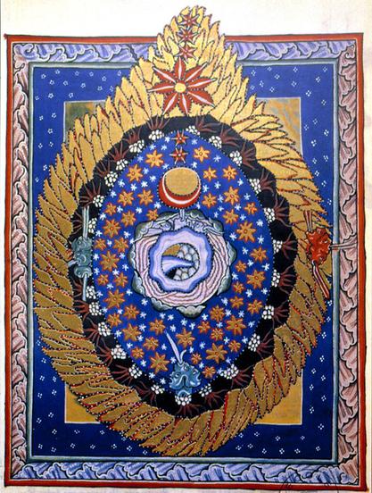 Hildegarde de Bingen, Liber scivias ( manuscrit enluminé vers 1180 détruit durant la seconde guerre mondiale ; cf. copie sur parchemin réalisée en 1925 et conservée au monastère de Wisbaden), vision I, 3.

Couverture enluminée, on y voit un genre de flemme dorée avec une coupe rouge et divers motifs.

source : https://journals.openedition.org/imagesrevues/874