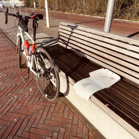 Ein weißes Fahrrad steht neben einer hölzernen Parkbank. Auf der Bank liegt eine benutzte Pizzakarton mit Essensresten. Der Boden ist aus roten Ziegelsteinen gepflastert. Im Hintergrund ist ein Weg und etwas Grün zu sehen. Das Gesamtbild vermittelt einen ruhigen, alltäglichen Moment im Freien.
―
Gerne, hier ist eine Alt-Text-Beschreibung des Bildes: