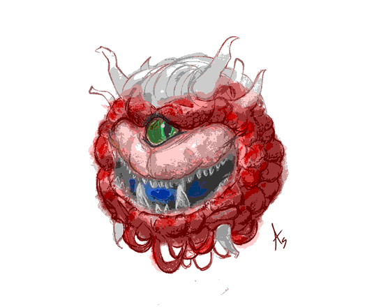 An illustration of a smiling cacodemon from Doom that also appears to have combed-back silver hair.