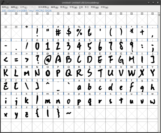 Screenshot of FontForge with kerned glyphs.