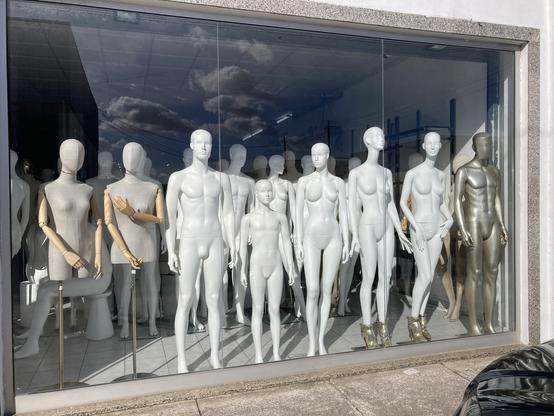 Numerous unclothed mannequins in the window of a shop which sells only mannequins