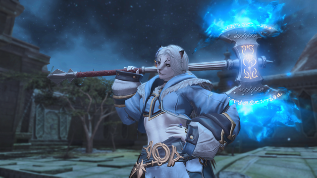 A white tiger lady from Final Fantasy XIV wearing a sky blue fighting outfit, carrying a greataxe over one shoulder. The axe glows with blue flames along the edges.