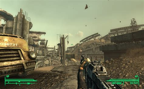 Player holding a gun in the wasteland