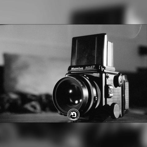 black and white photo of a Mamiya RZ67 Pro II with the Sekor-Z 110mm f/2.8